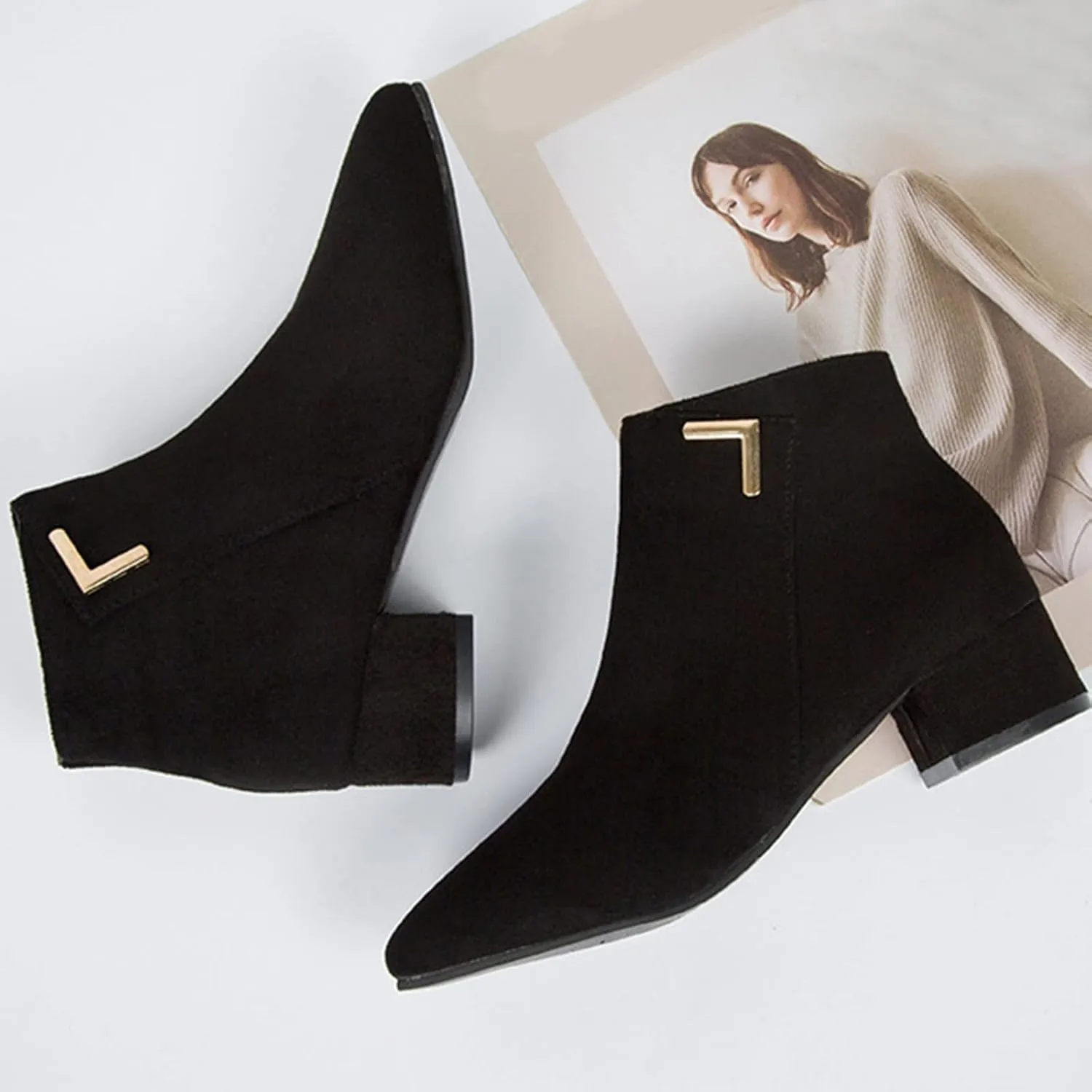 Womens Boots Fashion Suede Fur Lined Thermal Boots for Women Exquisite Square Heels Side Zipper Ankle Boots