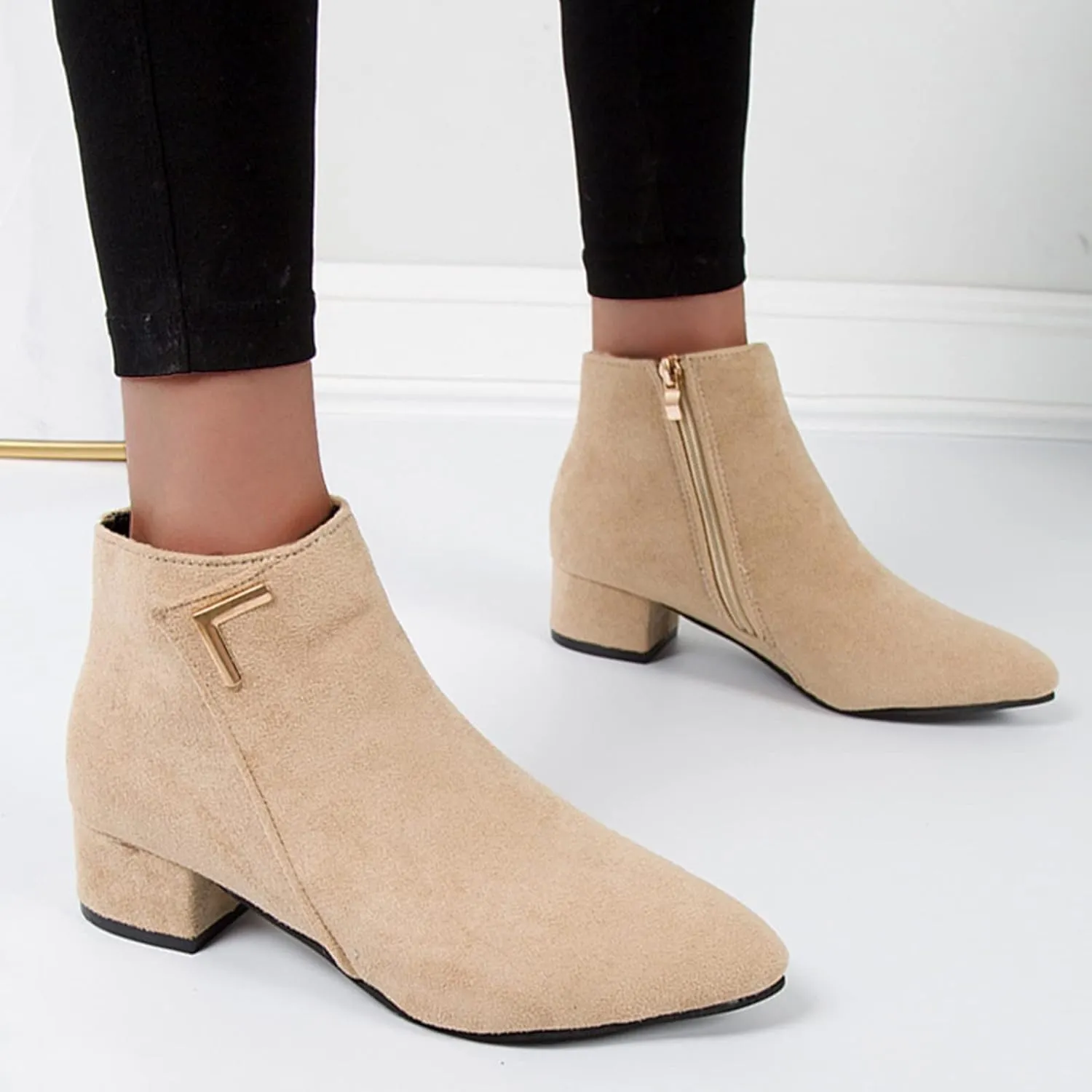 Womens Boots Fashion Zipper Square Heels Fur Lined Boots for Women Exquisite Leather Thermal Ankle Boots