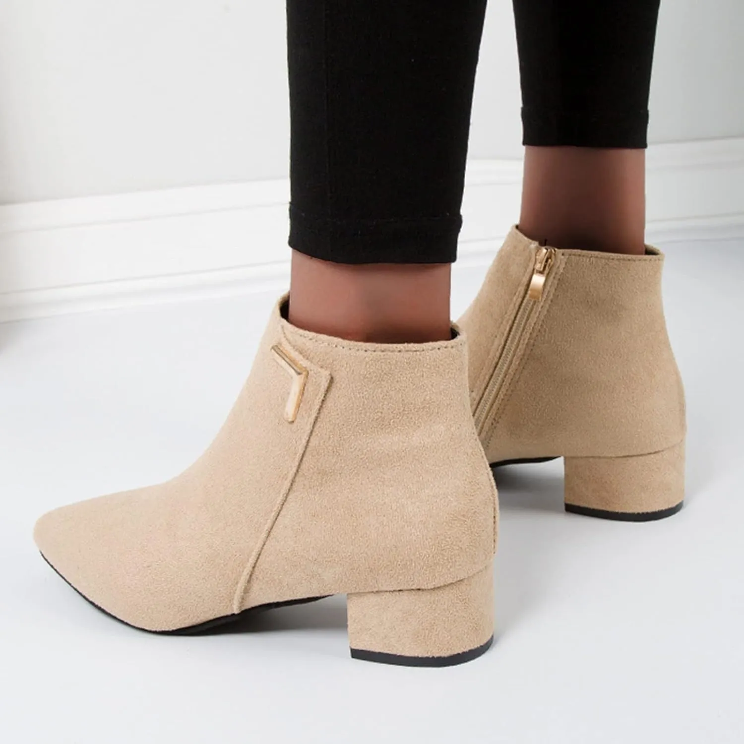 Womens Boots Fashion Zipper Square Heels Fur Lined Boots for Women Exquisite Leather Thermal Ankle Boots