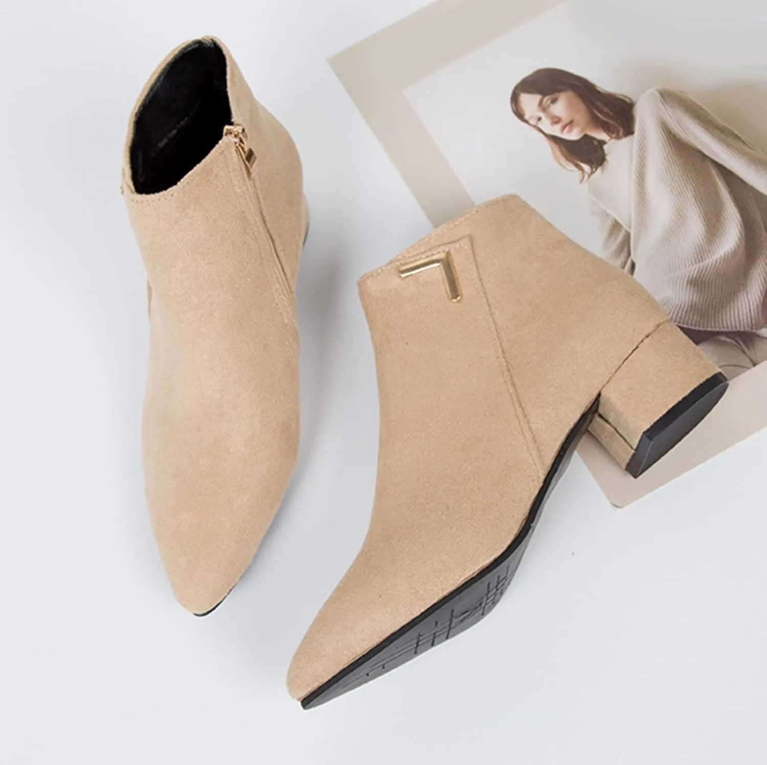 Womens Boots Fashion Zipper Square Heels Fur Lined Boots for Women Exquisite Leather Thermal Ankle Boots