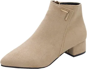 Womens Boots Fashion Zipper Square Heels Fur Lined Boots for Women Exquisite Leather Thermal Ankle Boots