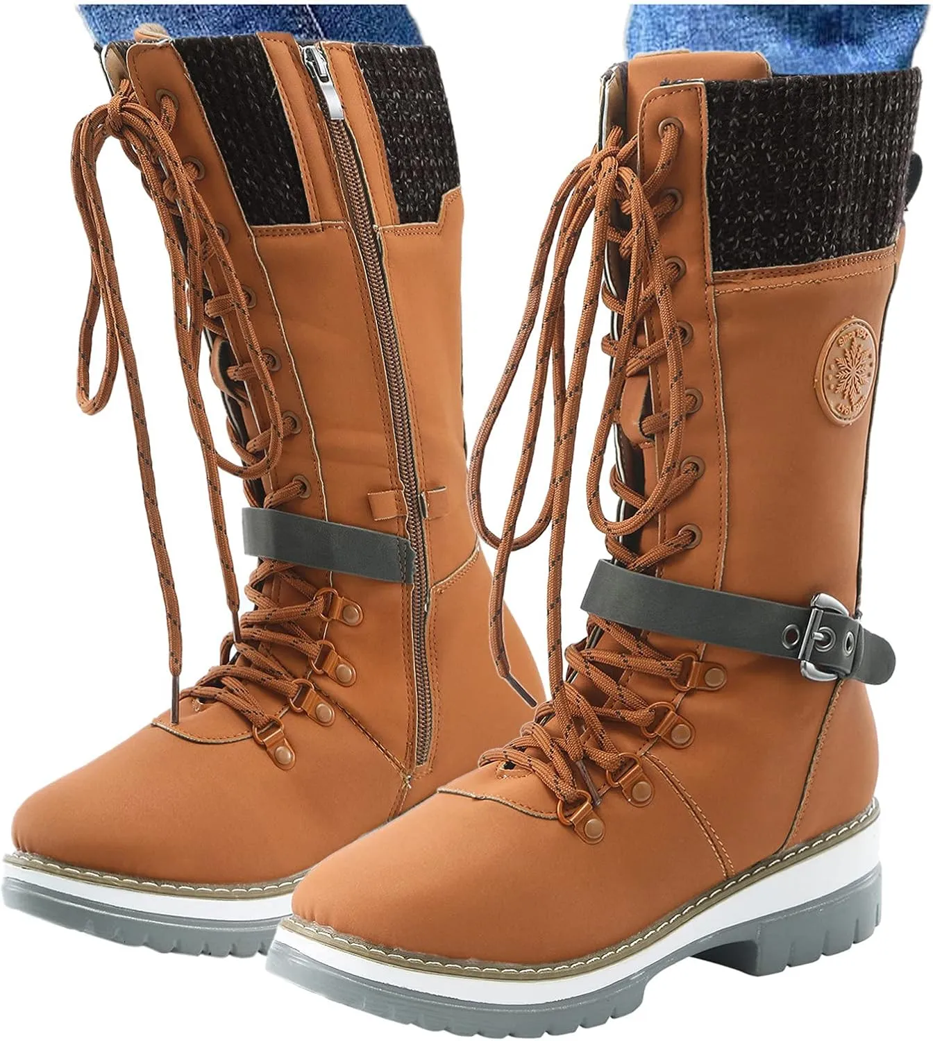Womens Boots Winter Thermal Lug Sole Cozy Boots for Women Durable Faux Leather Non Slip Mid-Calf Snow Boots