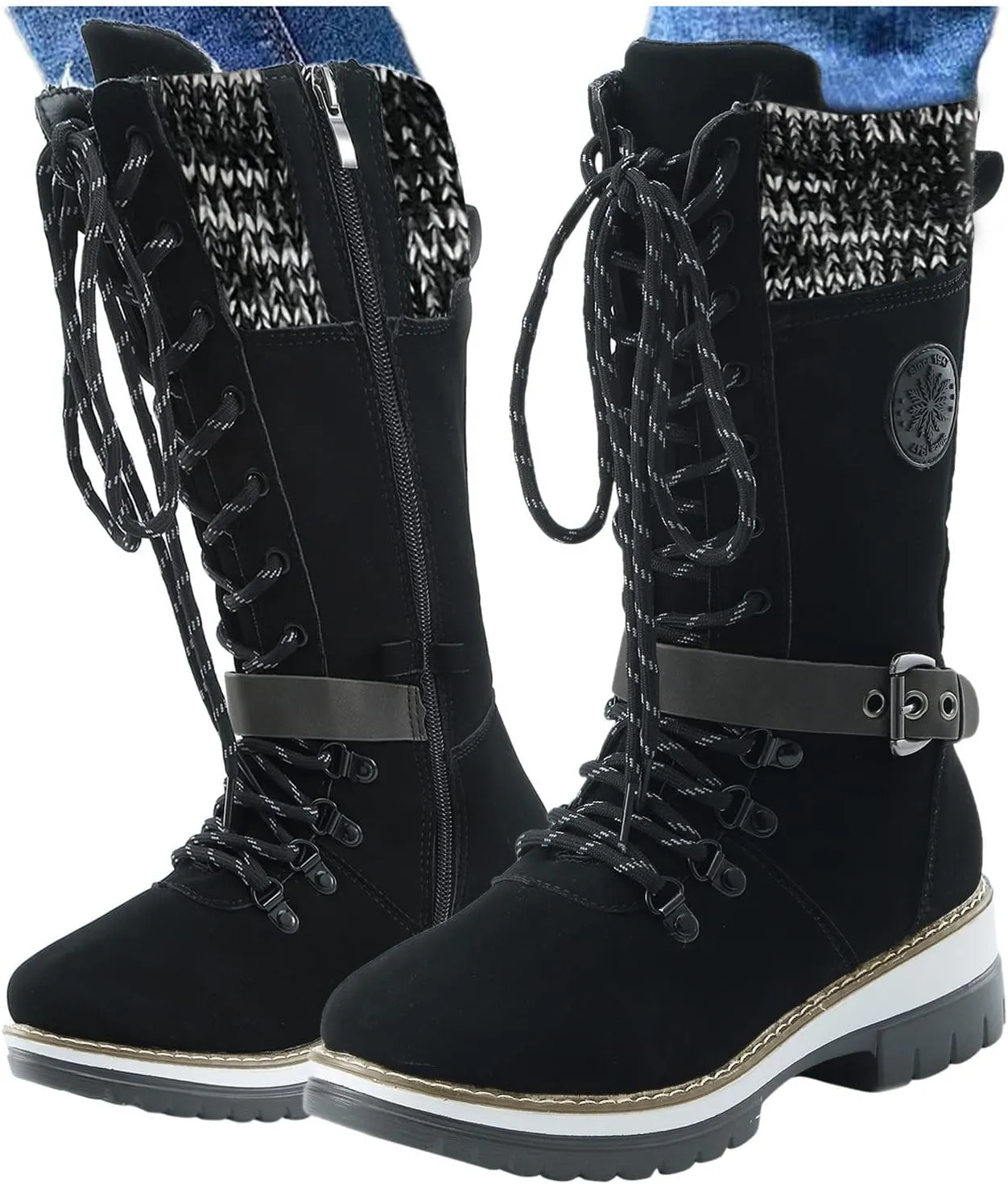 Womens Boots Winter Thermal Lug Sole Cozy Boots for Women Durable Faux Leather Non Slip Mid-Calf Snow Boots