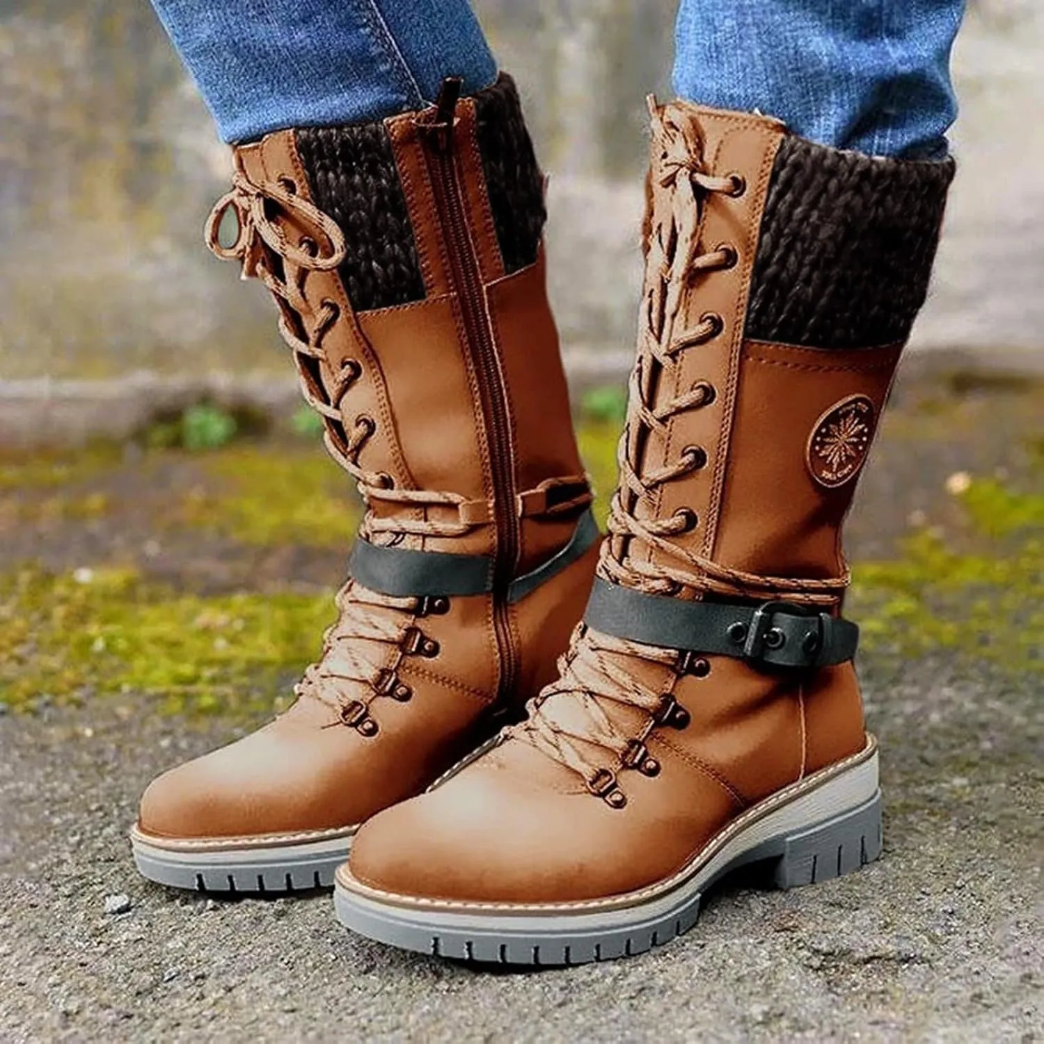 Womens Boots Winter Thermal Lug Sole Cozy Boots for Women Durable Faux Leather Non Slip Mid-Calf Snow Boots
