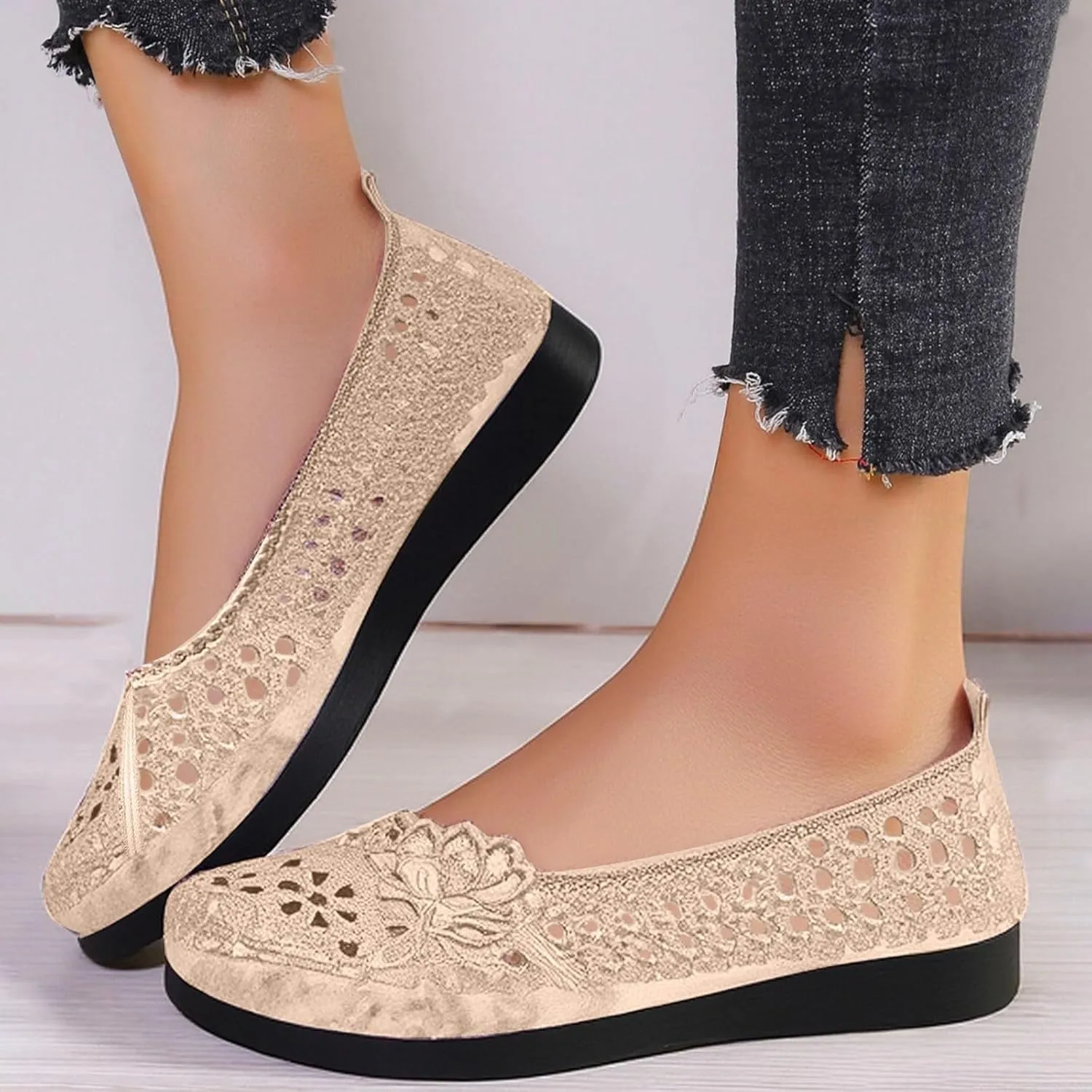 Women's Breathable Mesh Cutout Ballet Flat Loafers Comfortable Casual Slip On Walking Shoes for Daily Wear 2PCS