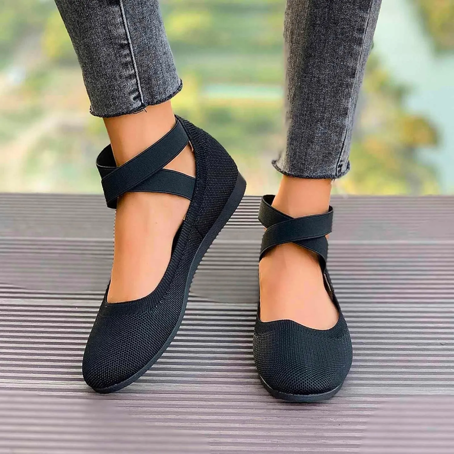Women's Casual Ballet with Elastic Straps Comfortable Round Toe Slip On Shoes for Daily Wear Dressy Outfits