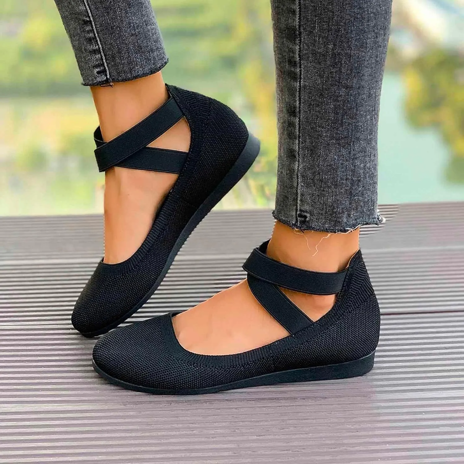 Women's Casual Ballet with Elastic Straps Comfortable Round Toe Slip On Shoes for Daily Wear Dressy Outfits