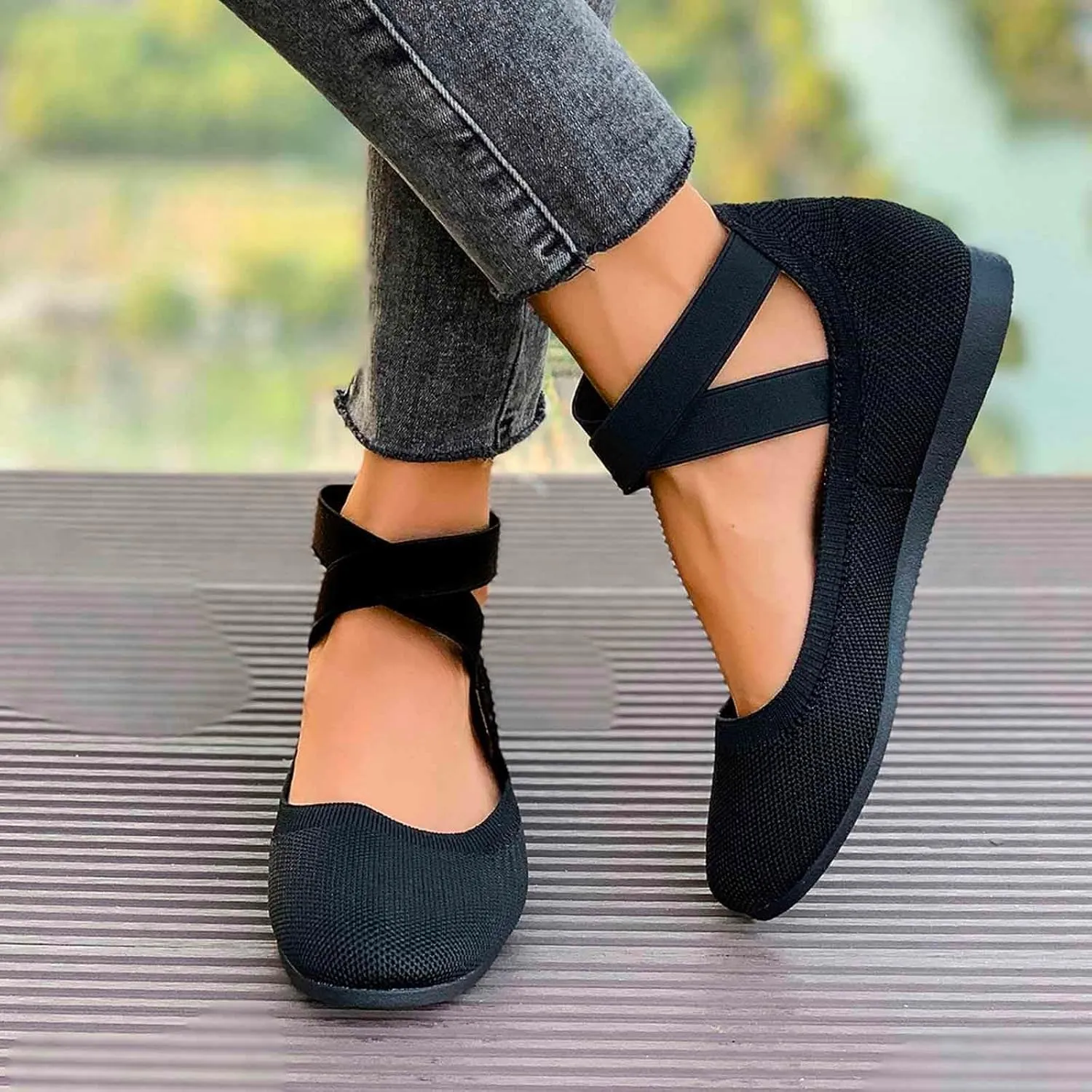 Women's Casual Ballet with Elastic Straps Comfortable Round Toe Slip On Shoes for Daily Wear Dressy Outfits