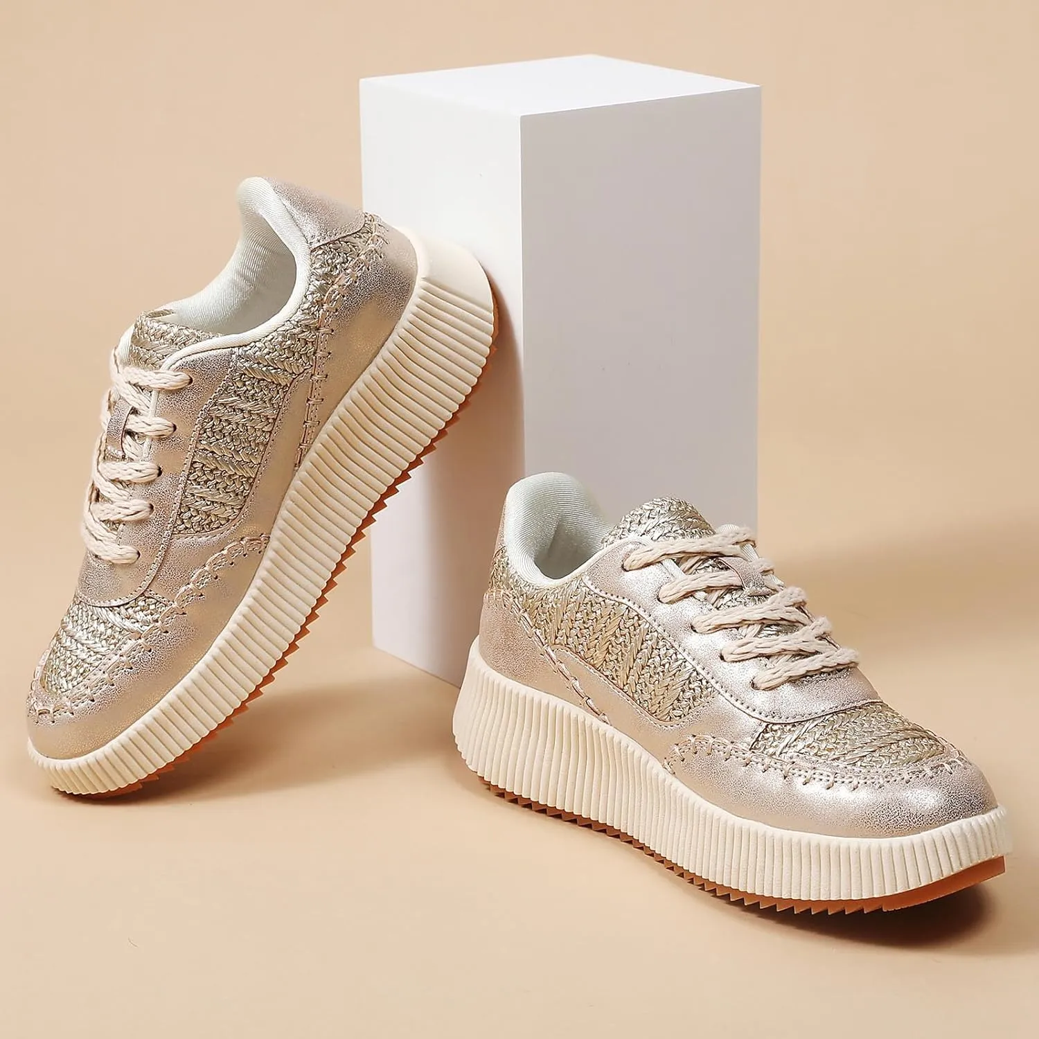 Womens Chunky Platform Sneakers | Orthopedic Walking Shoes with Arch Support | Breathable Knit Uppers | Casual Shoes with Non-Slip Rubber Outsole | Perfect for Travel, Shopping | White Tennis Shoes