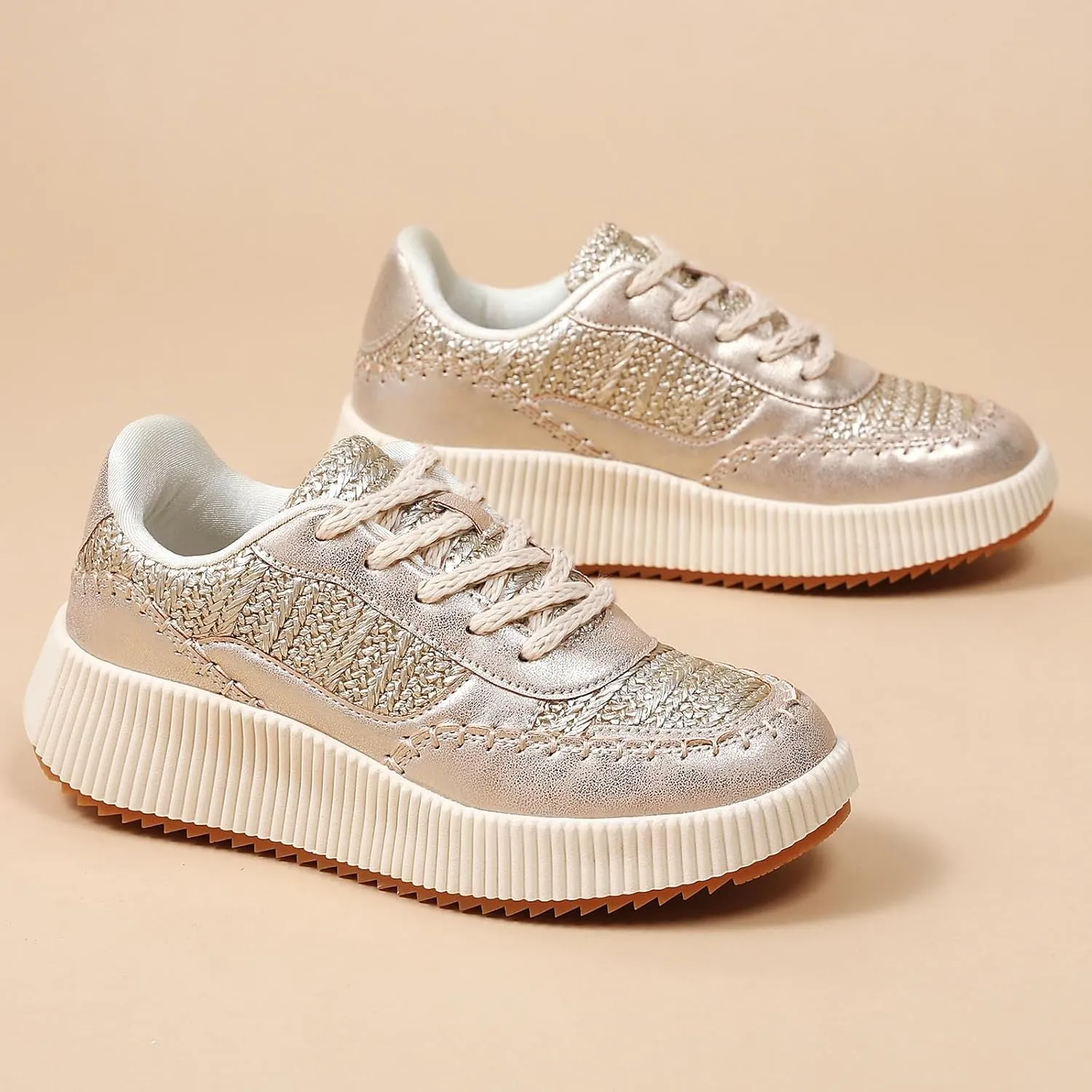 Womens Chunky Platform Sneakers | Orthopedic Walking Shoes with Arch Support | Breathable Knit Uppers | Casual Shoes with Non-Slip Rubber Outsole | Perfect for Travel, Shopping | White Tennis Shoes