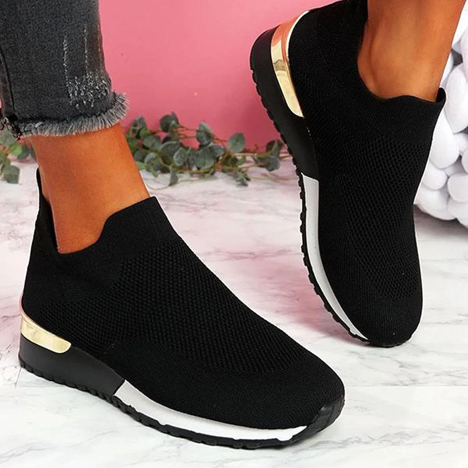 Women's Fashion Sneaker Mesh Slip On Black Non Slip Shoes for Women Comfortable Walking Shoes for Men Wide Width Black Platform Loafers Women Sock Sneakers Women