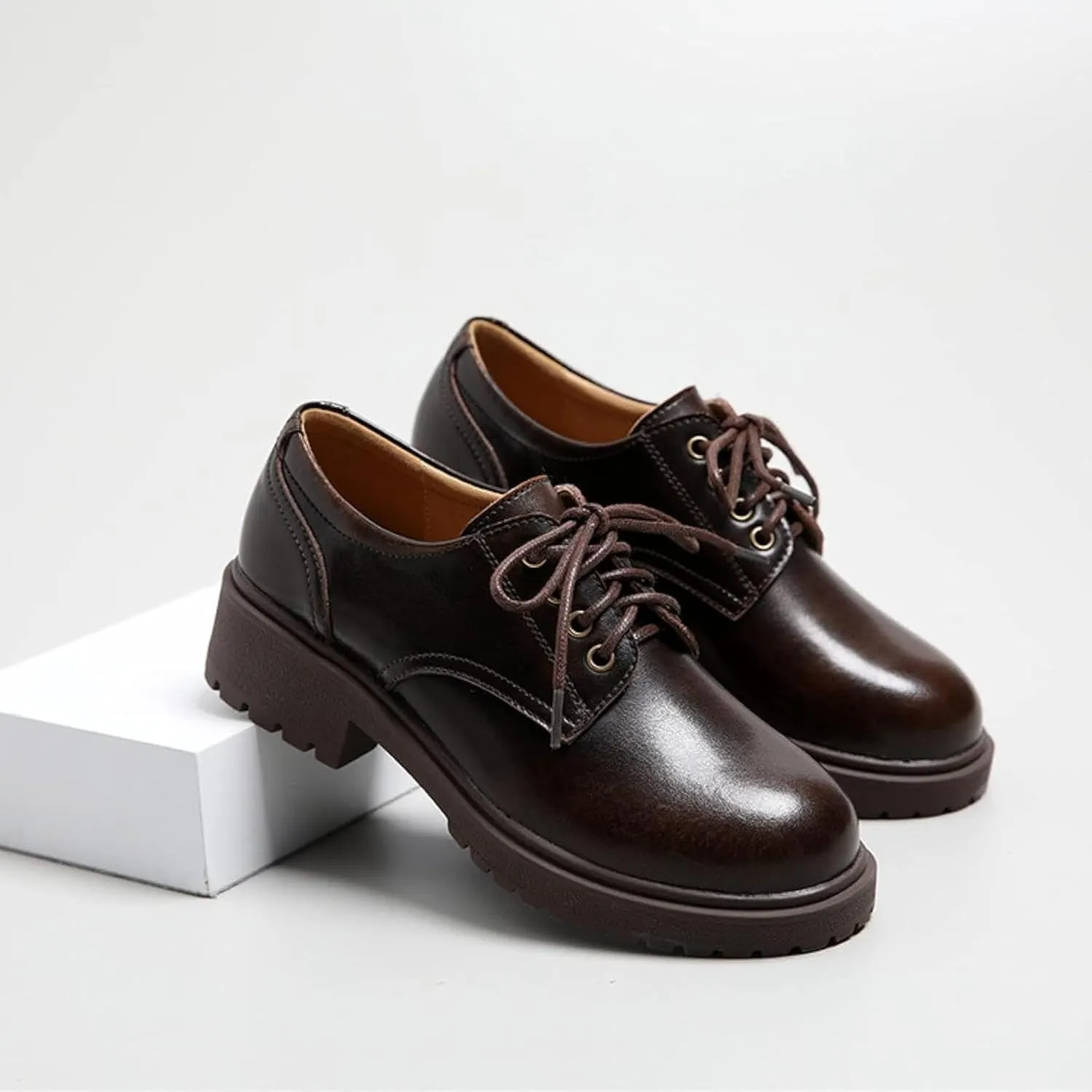 Women's Lace up Platform Oxford Shoes, Comfortable Low Heel, Cute Round Toe, Uniform, Formal Shoes for Girls