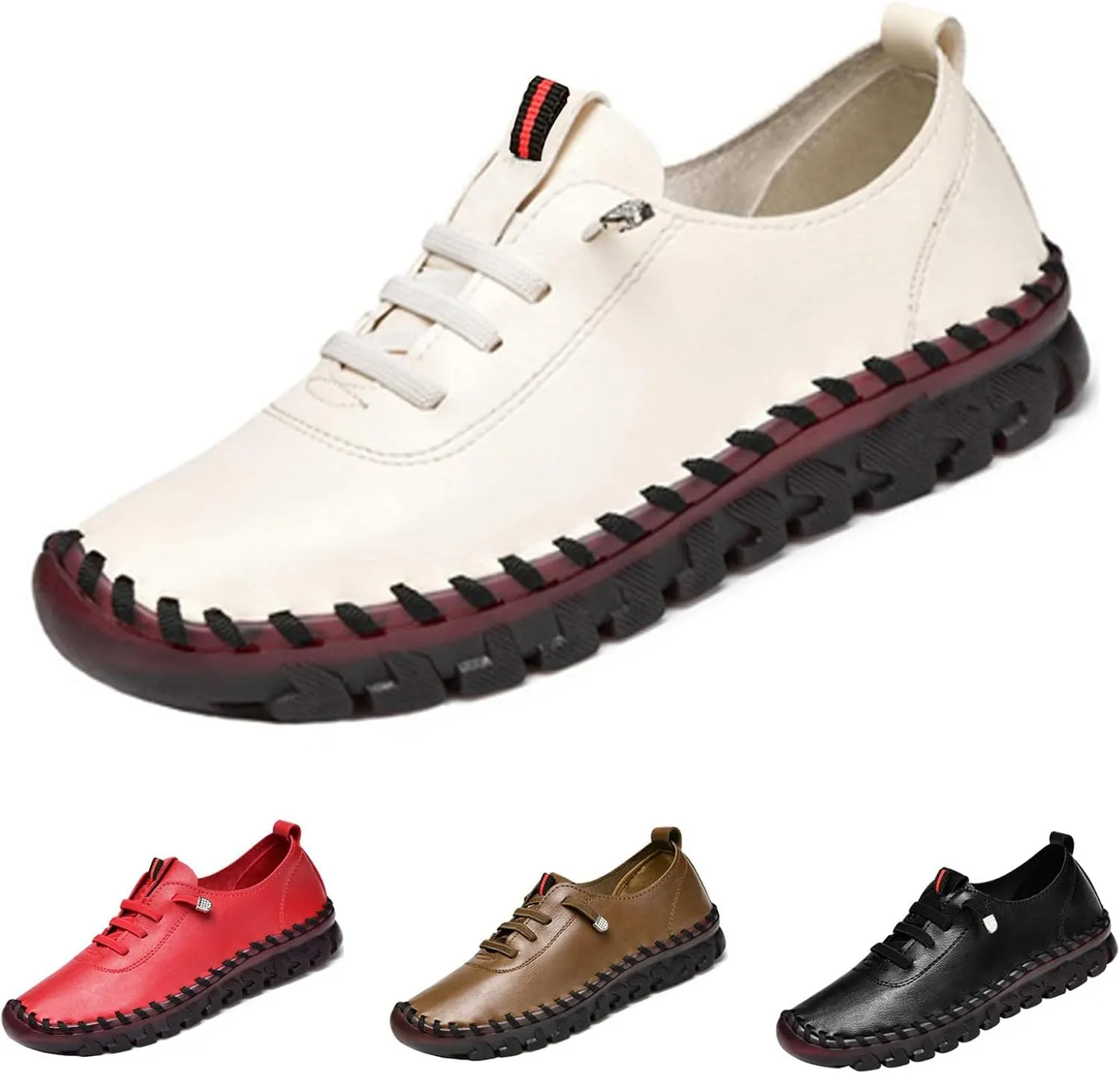 Women's Leather Soft Bottom Flat Shoes Handmade Round Toe Non-Slip Breathable Mom Leisure Walk Shoes Breathable Beef Tendon Loafers