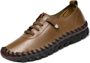 Women's Leather Soft Bottom Flat Shoes Handmade Round Toe Non-Slip Breathable Mom Leisure Walk Shoes Breathable Beef Tendon Loafers