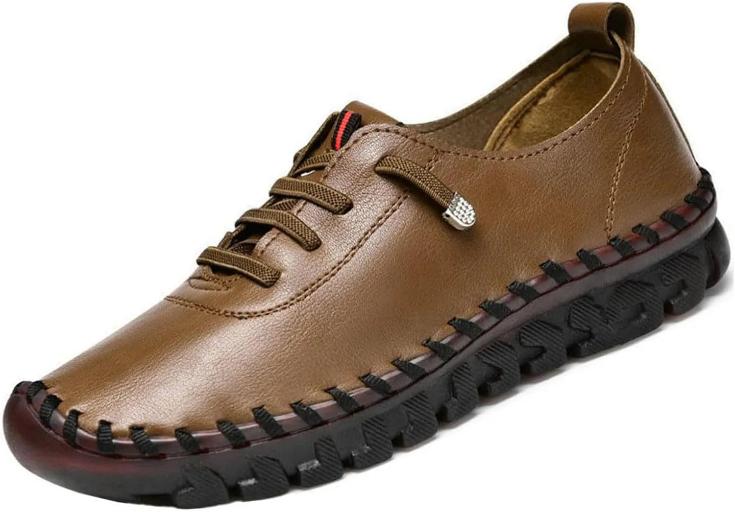 Women's Leather Soft Bottom Flat Shoes Handmade Round Toe Non-Slip Breathable Mom Leisure Walk Shoes Breathable Beef Tendon Loafers