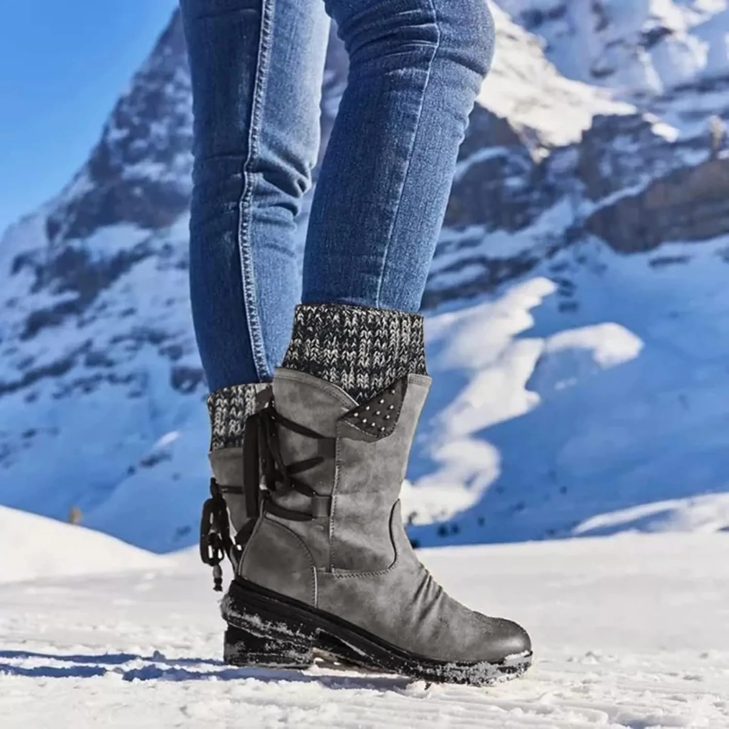 Women's Mid Calf WaterProof Winter Snow Boots Faux Fur Warm Thermal Waterproof Outdoor Walking Snow Winter Rubber Sole Lace Up Calf Boots Fashion Ruched Riding Military Boots