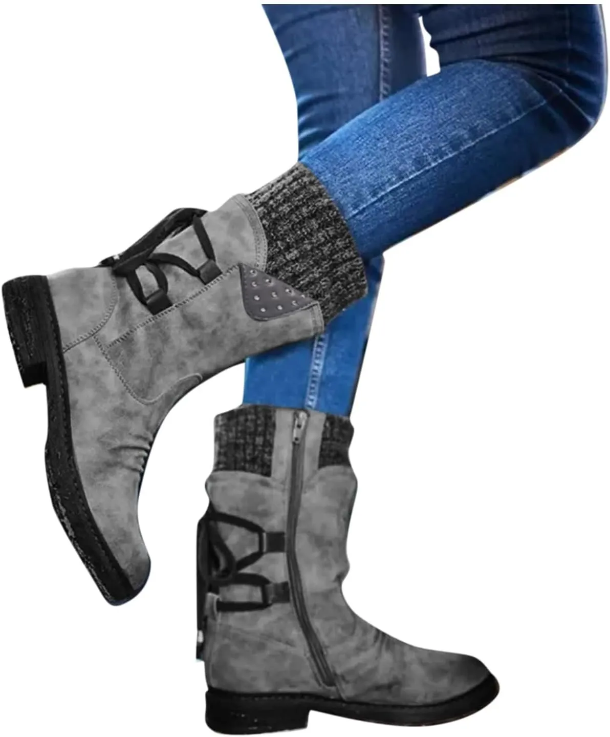 Women's Mid Calf WaterProof Winter Snow Boots Faux Fur Warm Thermal Waterproof Outdoor Walking Snow Winter Rubber Sole Lace Up Calf Boots Fashion Ruched Riding Military Boots