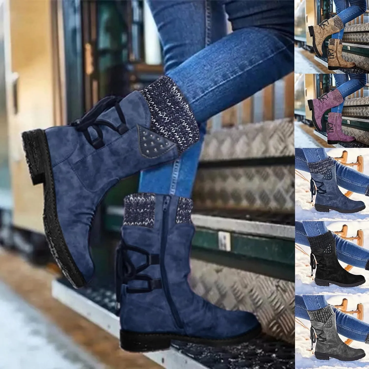 Women's Mid Calf WaterProof Winter Snow Boots Faux Fur Warm Thermal Waterproof Outdoor Walking Snow Winter Rubber Sole Lace Up Calf Boots Fashion Ruched Riding Military Boots