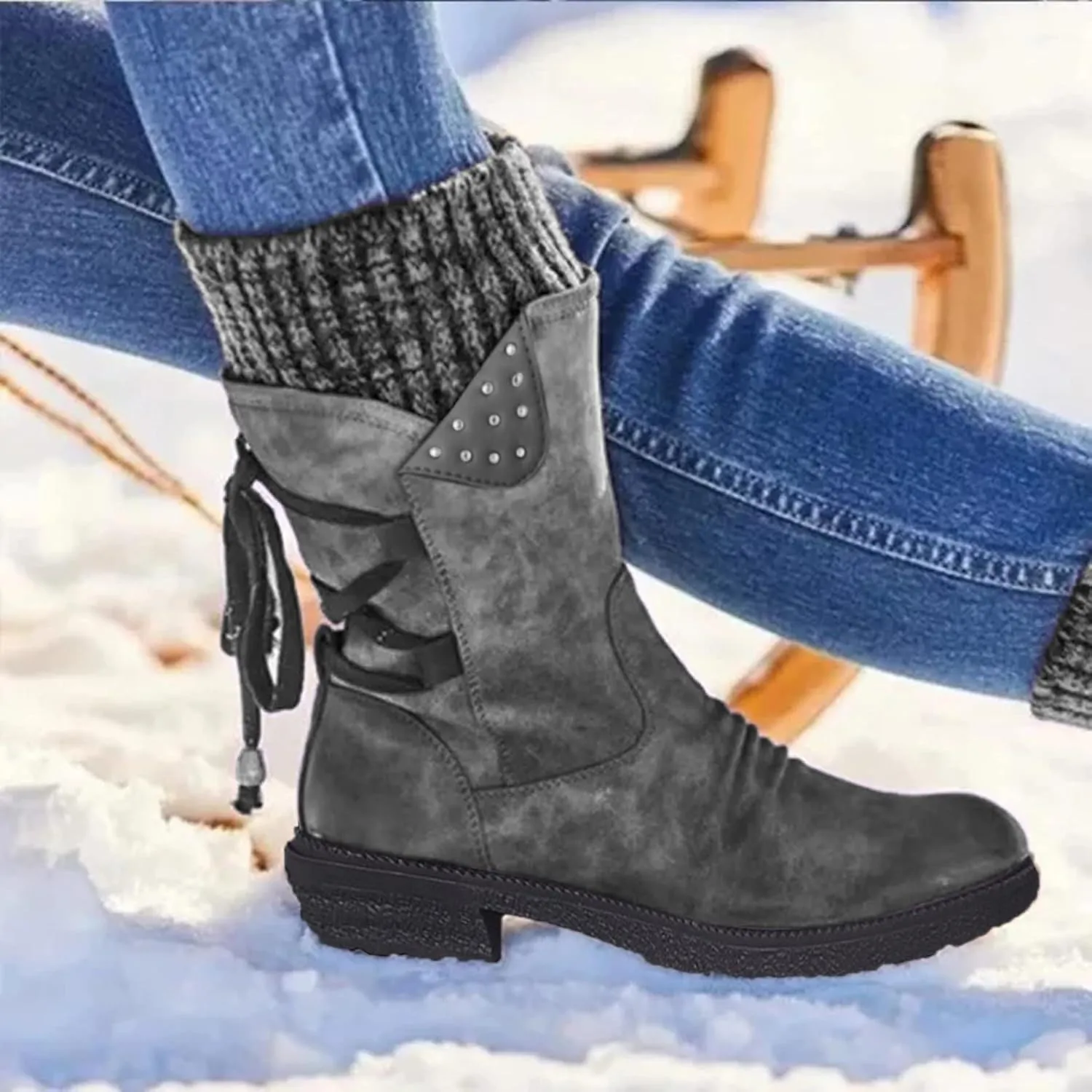 Women's Mid Calf WaterProof Winter Snow Boots Faux Fur Warm Thermal Waterproof Outdoor Walking Snow Winter Rubber Sole Lace Up Calf Boots Fashion Ruched Riding Military Boots