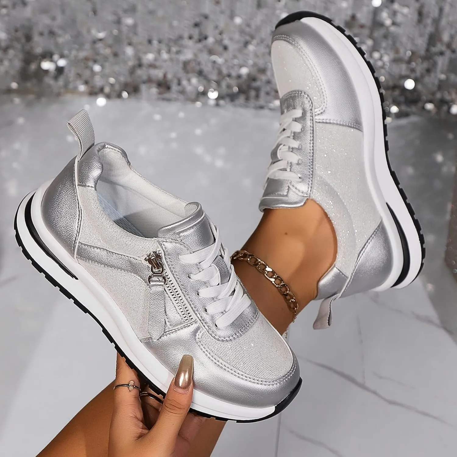 Women's Platform Fashion Sneakers Mesh Breathable Zero Drop Minimalist Summer Walking Sneakers Sparkling Casual Fashion Non-Slip Tennis Shoes