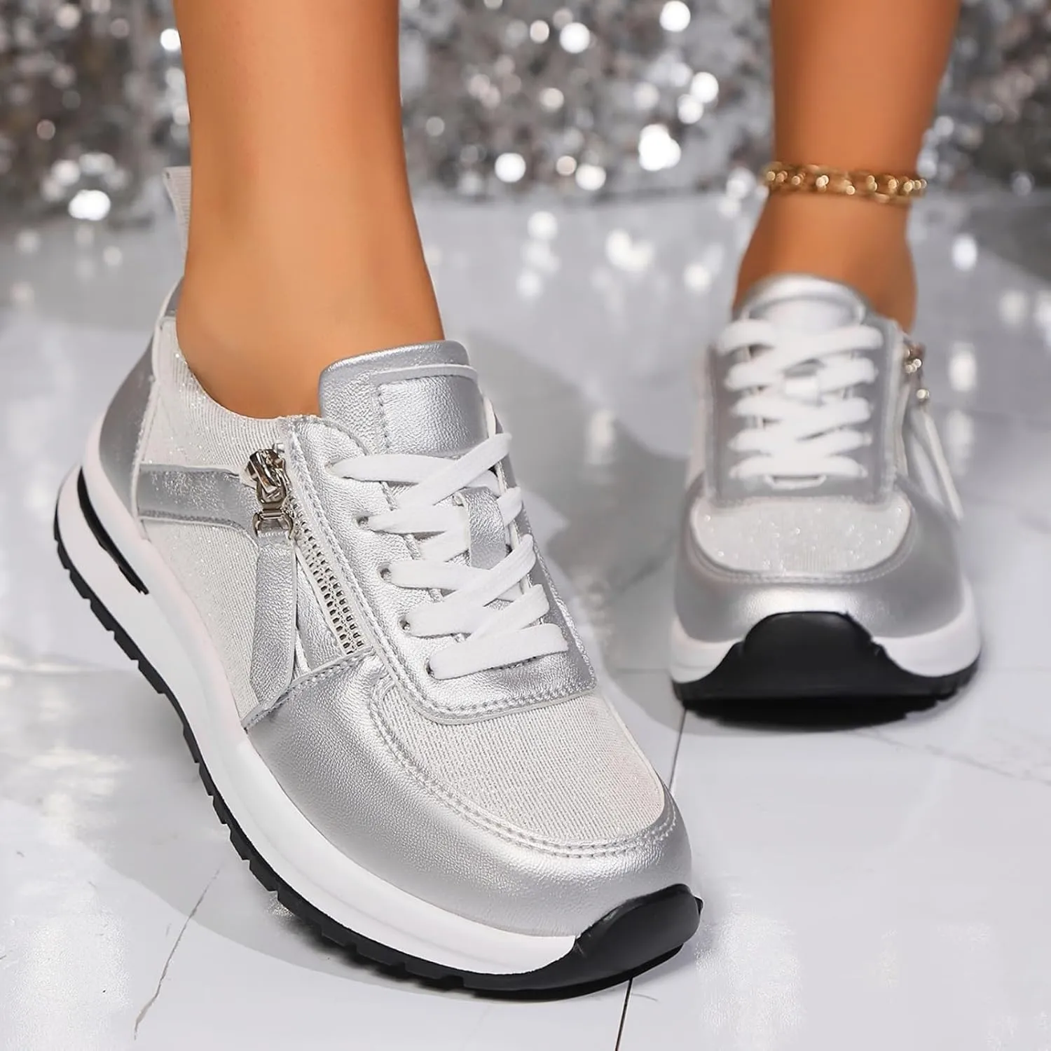 Women's Platform Fashion Sneakers Mesh Breathable Zero Drop Minimalist Summer Walking Sneakers Sparkling Casual Fashion Non-Slip Tennis Shoes