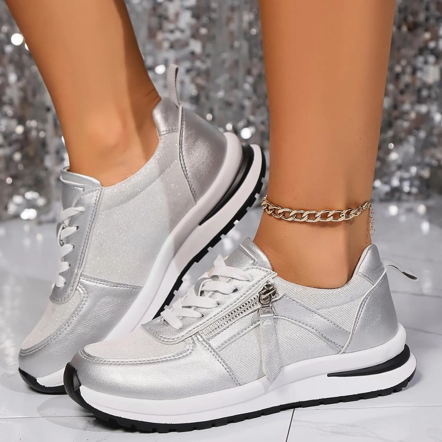 Women's Platform Fashion Sneakers Mesh Breathable Zero Drop Minimalist Summer Walking Sneakers Sparkling Casual Fashion Non-Slip Tennis Shoes