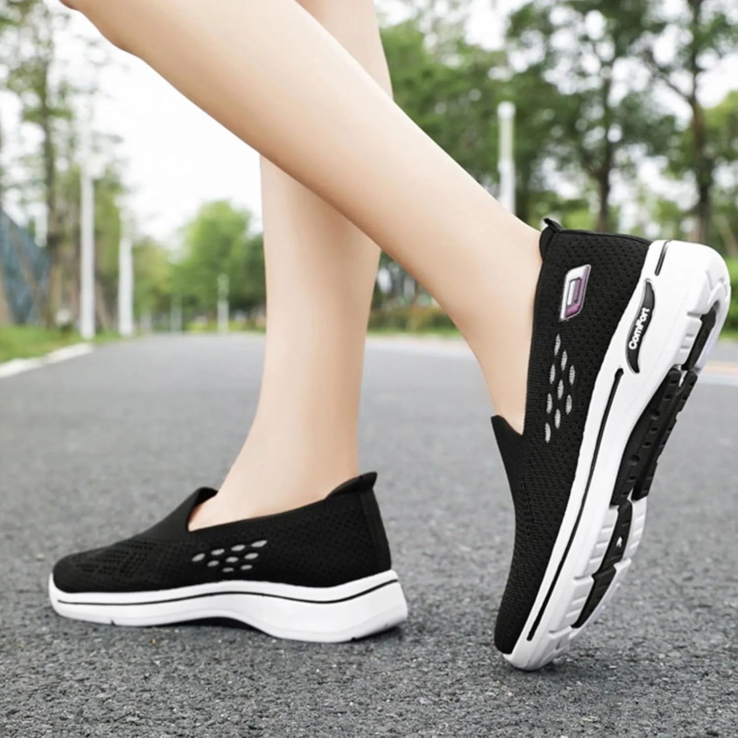Women's Slip-On Walking Shoes Casual Lightweight Hollow Out Shoes Comfortable Athletic Running Sneaker Breathable Mesh Trainers Travel Work Driving Sneakers