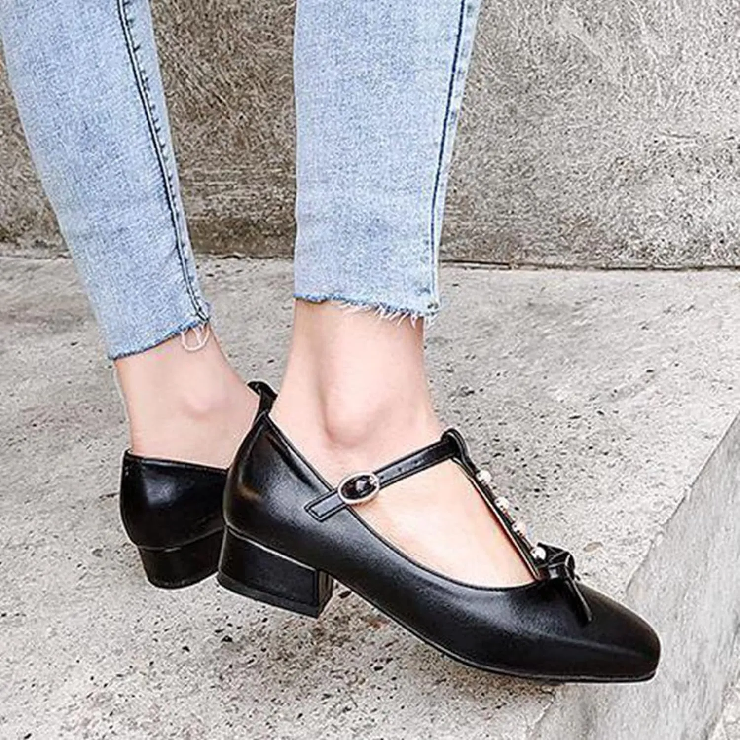 Women's Square Toe Mary Janes Chunky Low Heel Pumps Ankle T-Strap Pearl Bow Comfortable Dress Shoes