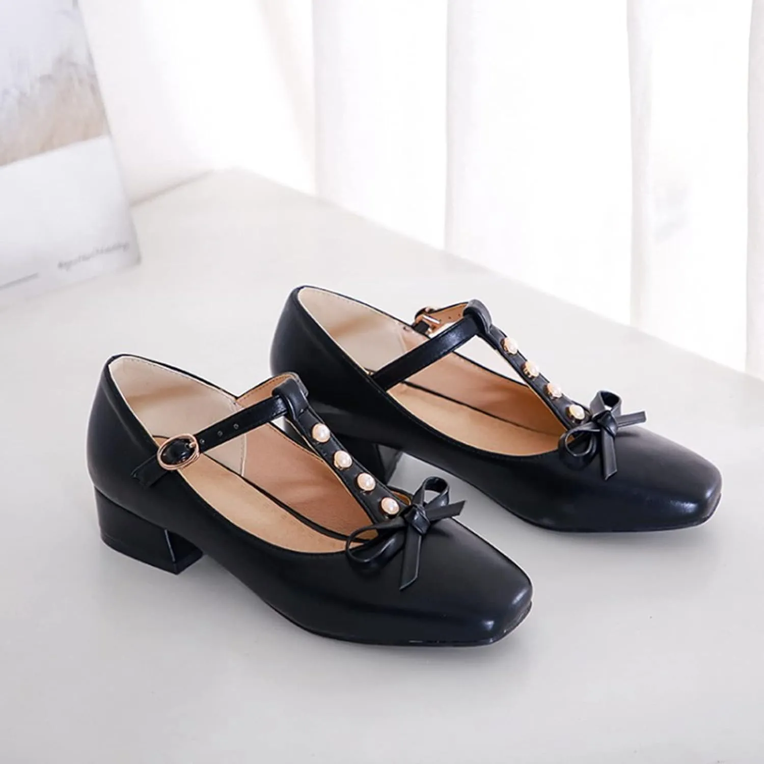 Women's Square Toe Mary Janes Chunky Low Heel Pumps Ankle T-Strap Pearl Bow Comfortable Dress Shoes