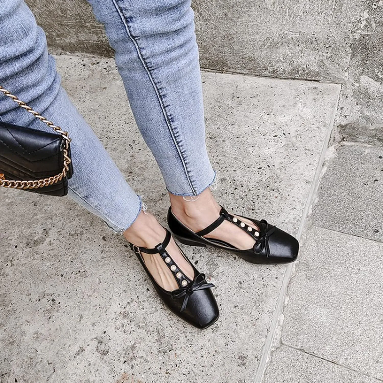 Women's Square Toe Mary Janes Chunky Low Heel Pumps Ankle T-Strap Pearl Bow Comfortable Dress Shoes