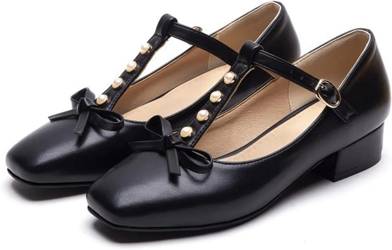Women's Square Toe Mary Janes Chunky Low Heel Pumps Ankle T-Strap Pearl Bow Comfortable Dress Shoes