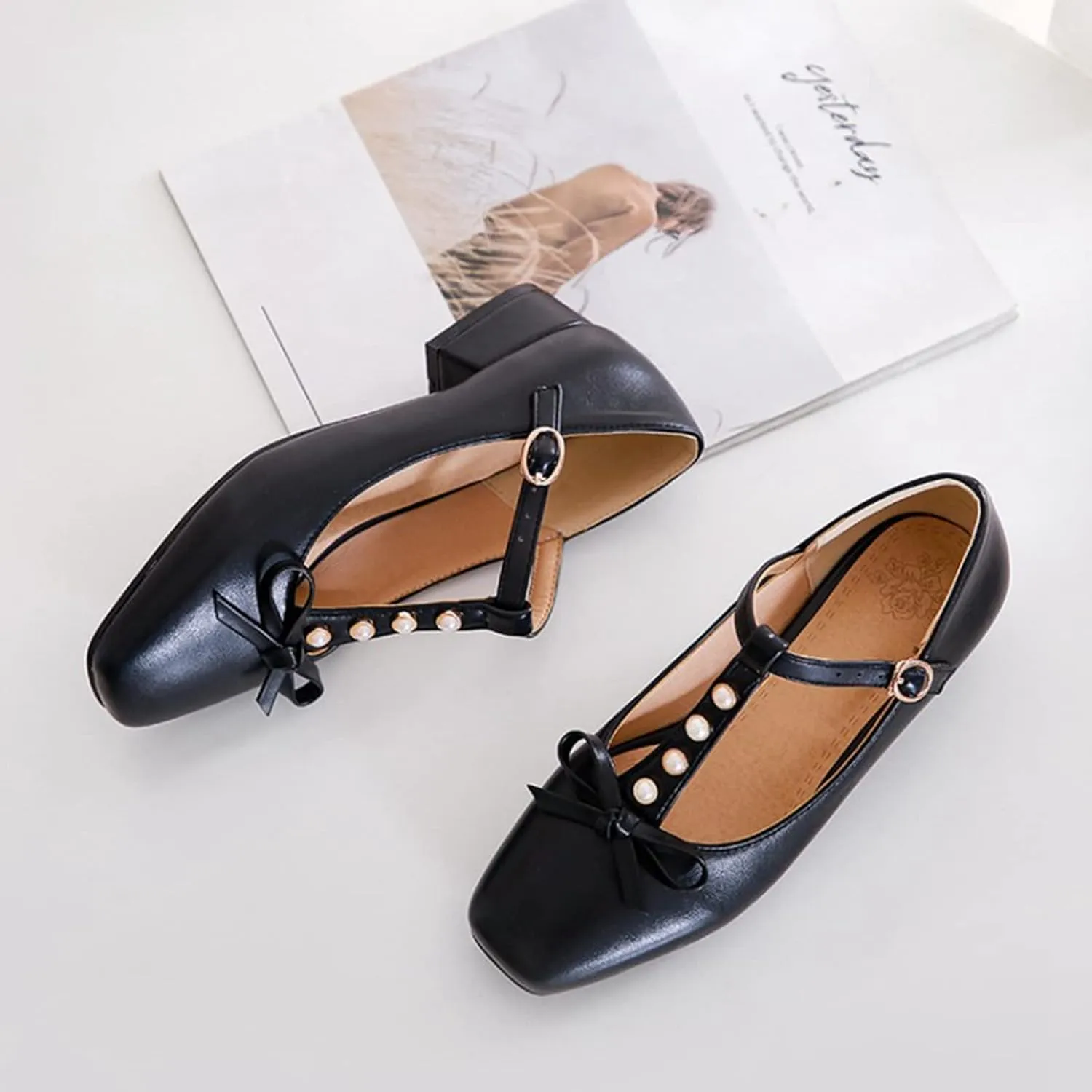 Women's Square Toe Mary Janes Chunky Low Heel Pumps Ankle T-Strap Pearl Bow Comfortable Dress Shoes