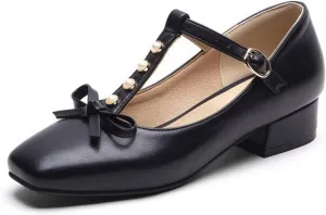 Women's Square Toe Mary Janes Chunky Low Heel Pumps Ankle T-Strap Pearl Bow Comfortable Dress Shoes