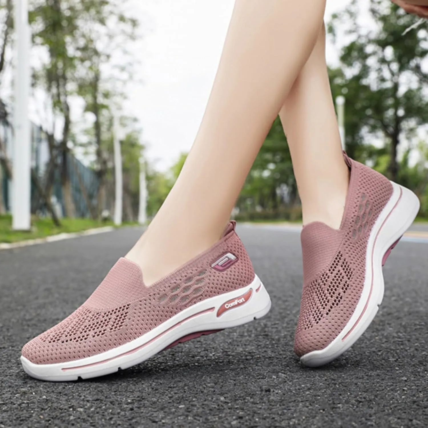 Womens Summer Shoes Woven Orthopedic Breathable Soft Sole Shoes Anti-Skid Sports Shoe Slip On Diabetic Foam Sneakers Mesh Up Sneaker for Arch Support