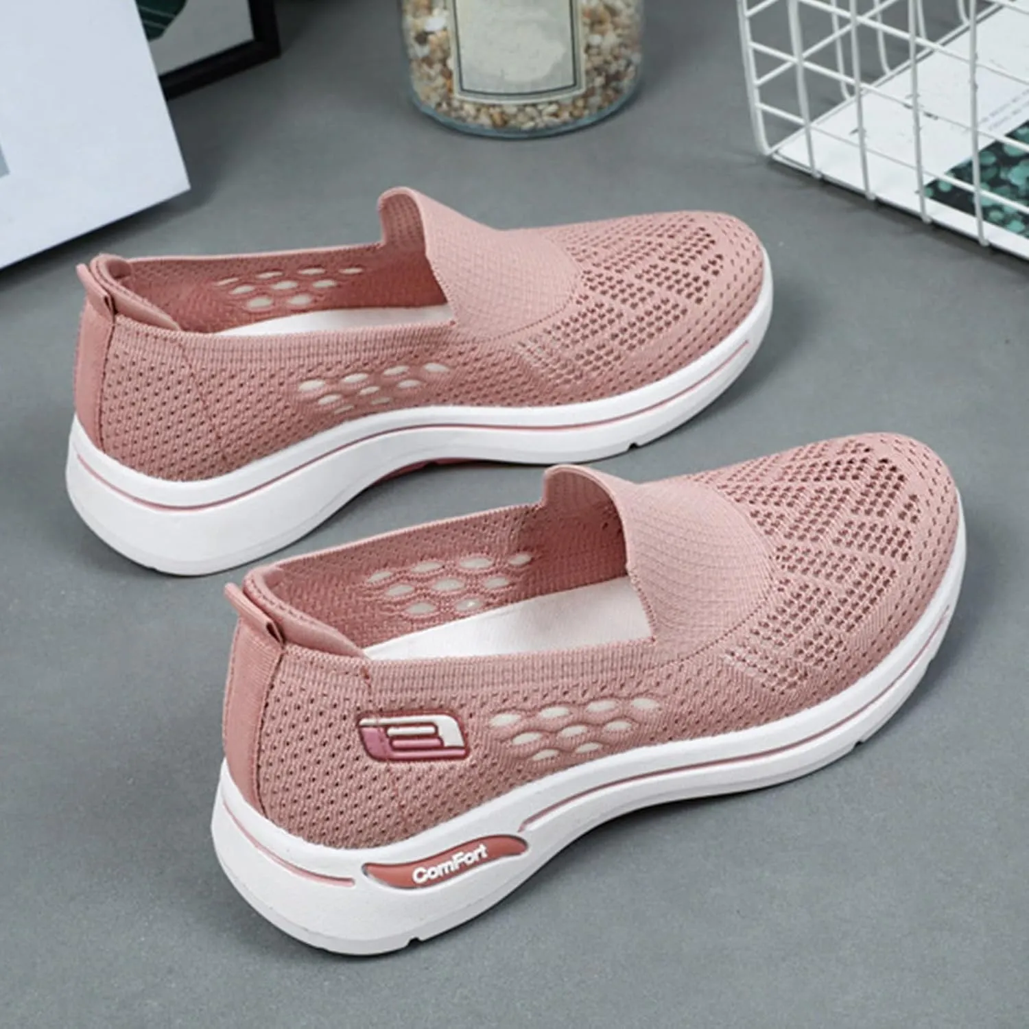 Womens Summer Shoes Woven Orthopedic Breathable Soft Sole Shoes Anti-Skid Sports Shoe Slip On Diabetic Foam Sneakers Mesh Up Sneaker for Arch Support