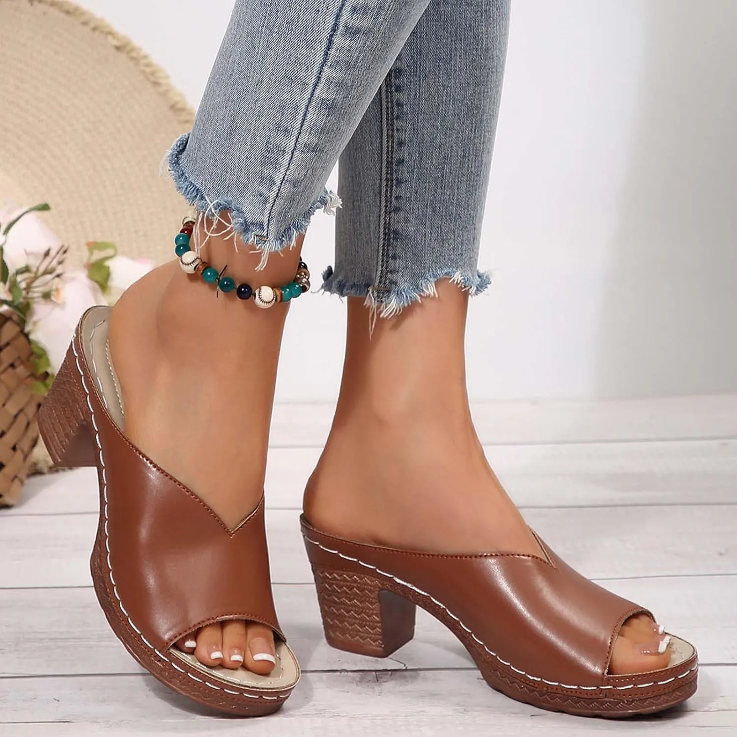 Women's Summer Square High Heel Open Toe Slip On Sandals Breathable Comfortable Casual Yoga Walking Shoes