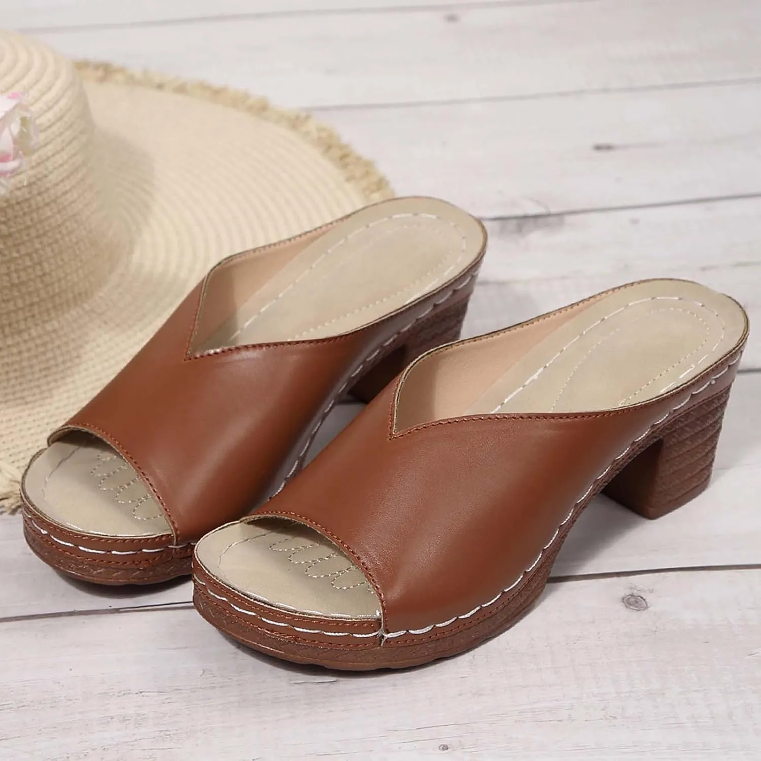 Women's Summer Square High Heel Open Toe Slip On Sandals Breathable Comfortable Casual Yoga Walking Shoes