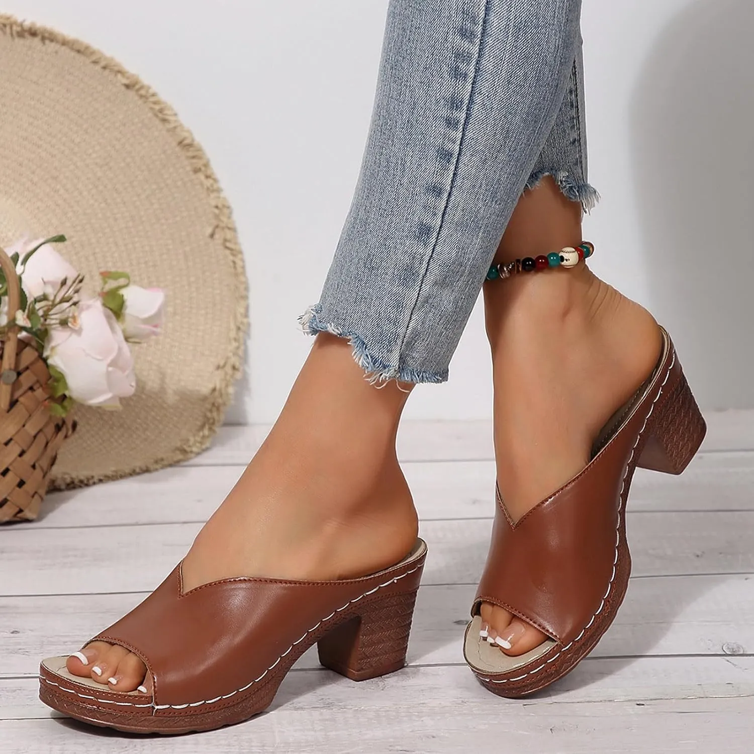 Women's Summer Square High Heel Open Toe Slip On Sandals Breathable Comfortable Casual Yoga Walking Shoes