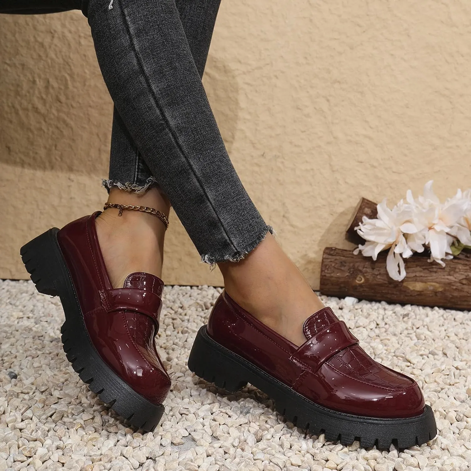 Women's Thick-Soled Leather Shoes Fashion College Style Spring Summer Solid Color Slip On Loafers Shoe Classic (D 164 Wine 8.5 UK Wide)