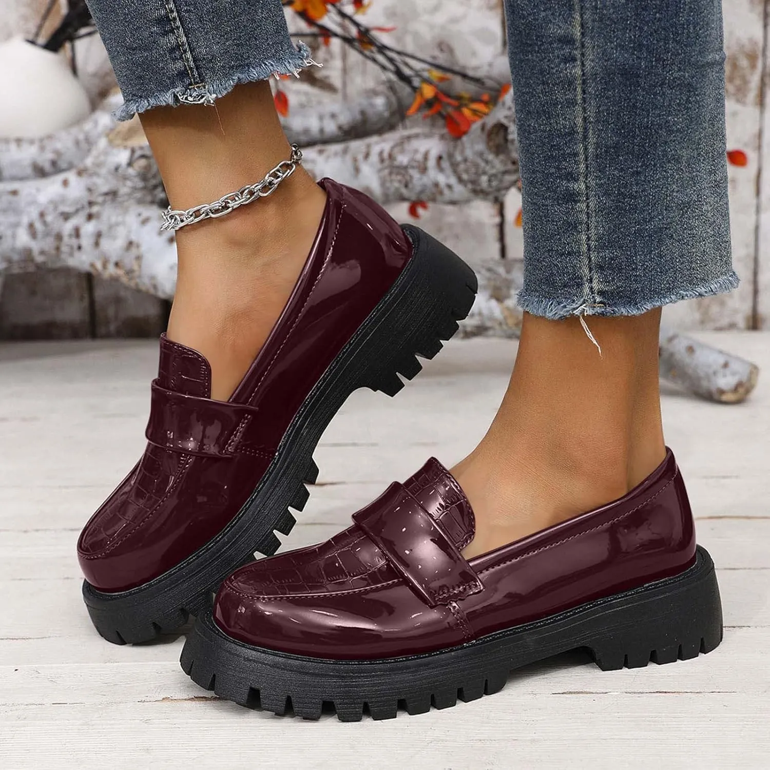 Women's Thick-Soled Leather Shoes Fashion College Style Spring Summer Solid Color Slip On Loafers Shoe Classic (D 164 Wine 8.5 UK Wide)