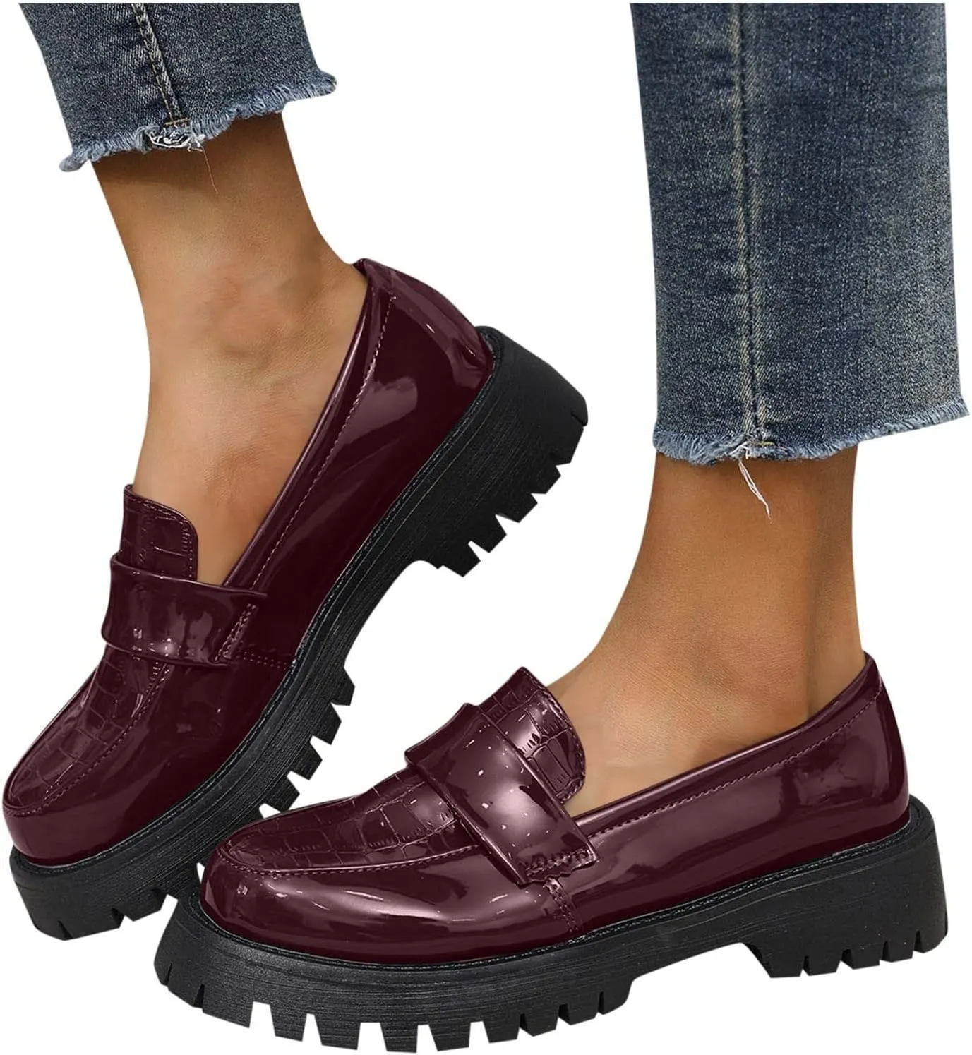 Women's Thick-Soled Leather Shoes Fashion College Style Spring Summer Solid Color Slip On Loafers Shoe Classic (D 164 Wine 8.5 UK Wide)