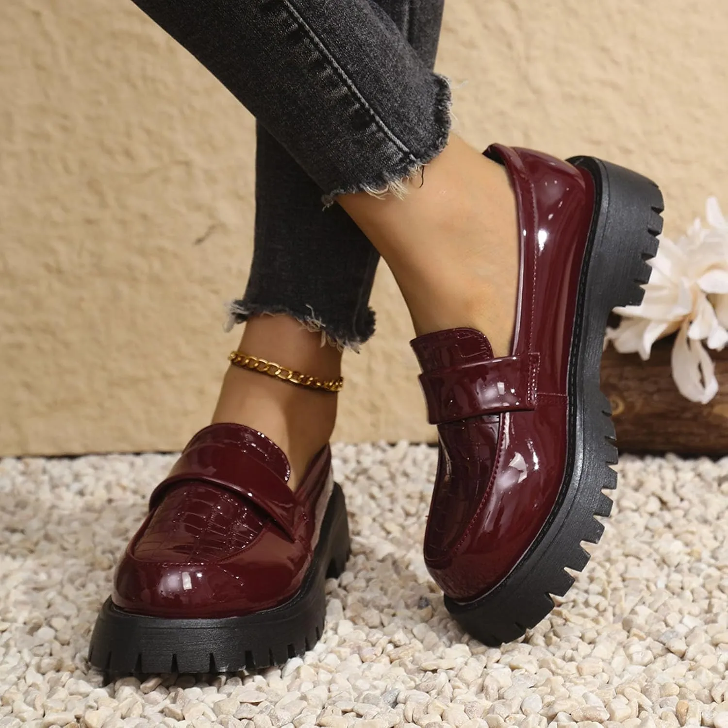 Women's Thick-Soled Leather Shoes Fashion College Style Spring Summer Solid Color Slip On Loafers Shoe Classic (D 164 Wine 8.5 UK Wide)