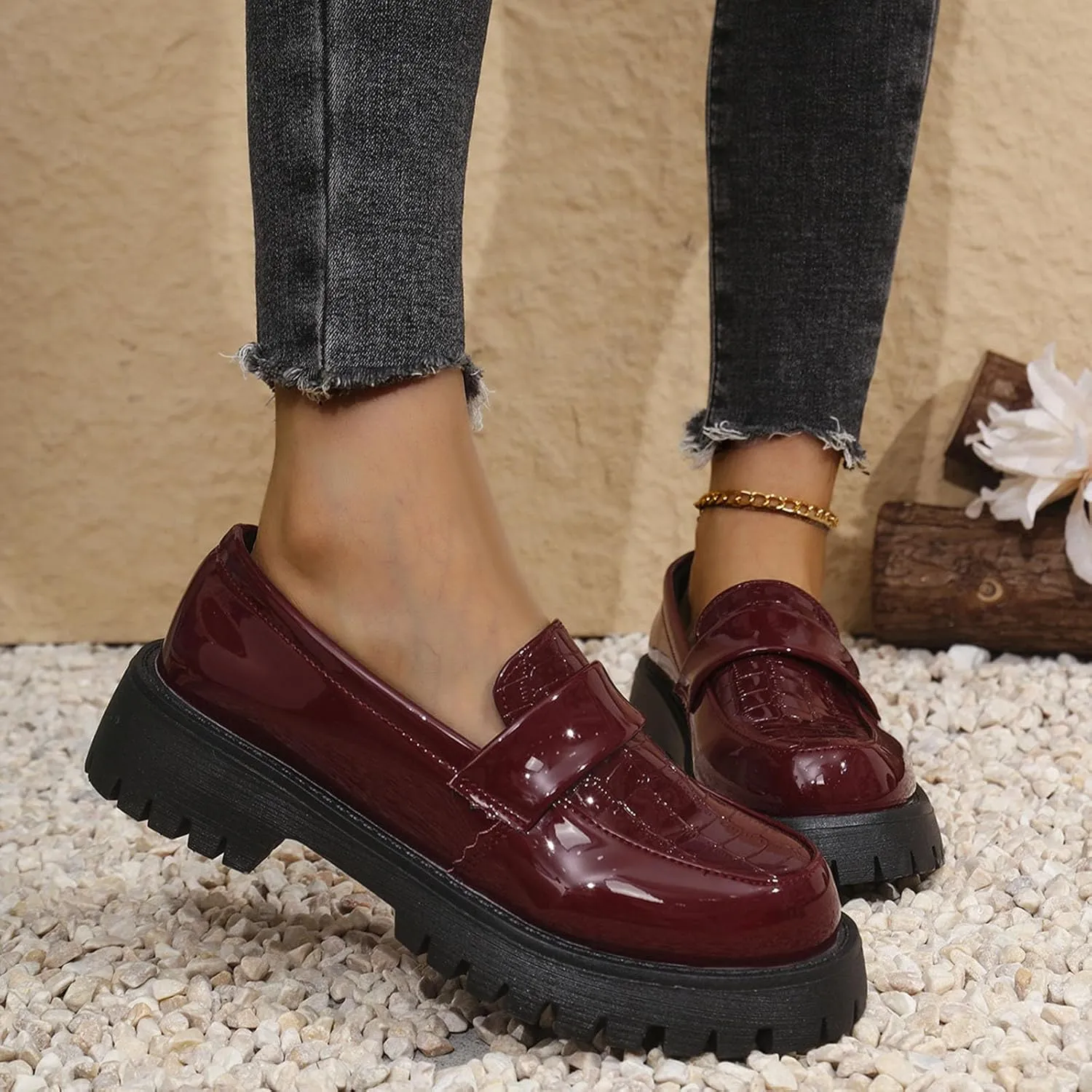Women's Thick-Soled Leather Shoes Fashion College Style Spring Summer Solid Color Slip On Loafers Shoe Classic (D 164 Wine 8.5 UK Wide)