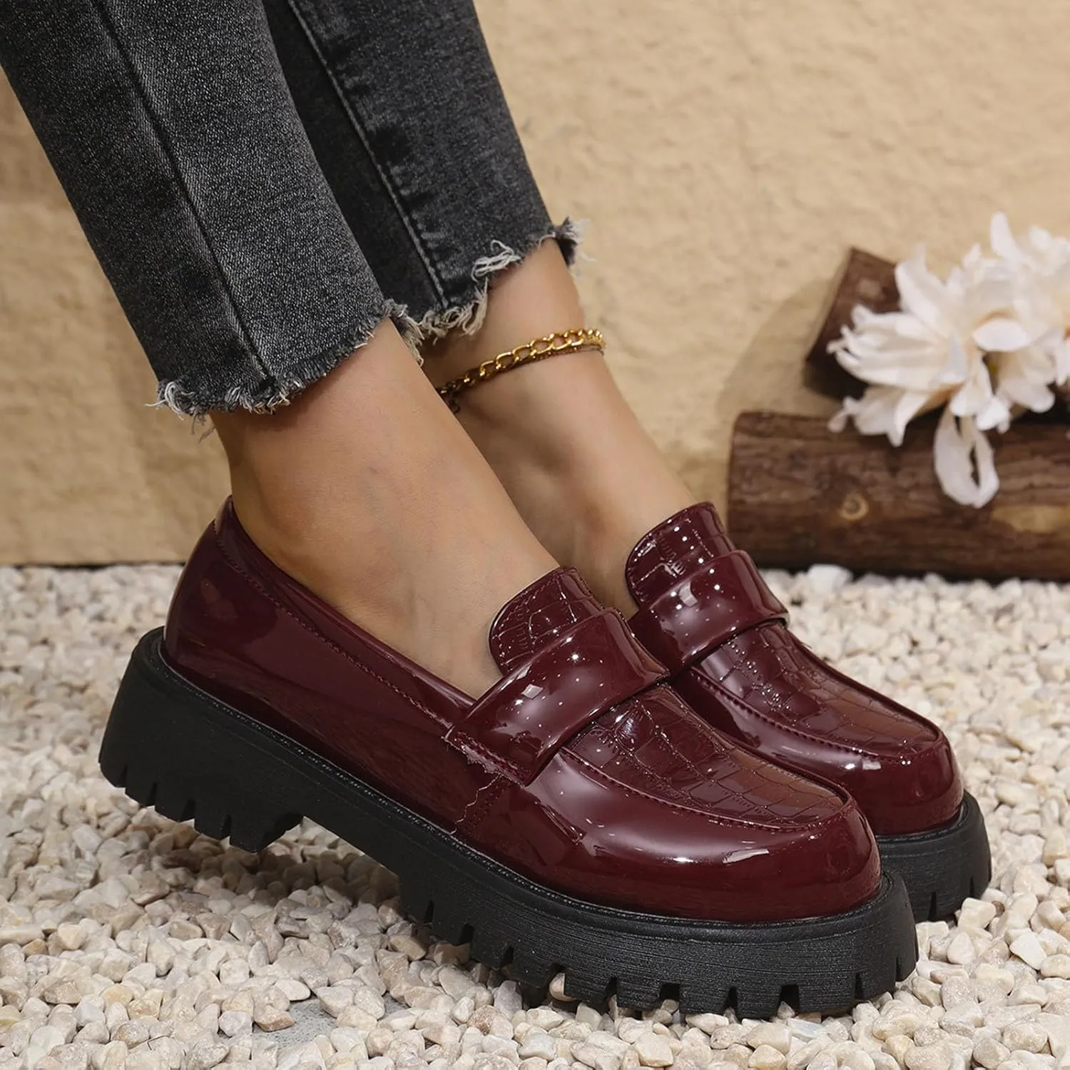 Women's Thick-Soled Leather Shoes Fashion College Style Spring Summer Solid Color Slip On Loafers Shoe Classic (D 164 Wine 8.5 UK Wide)
