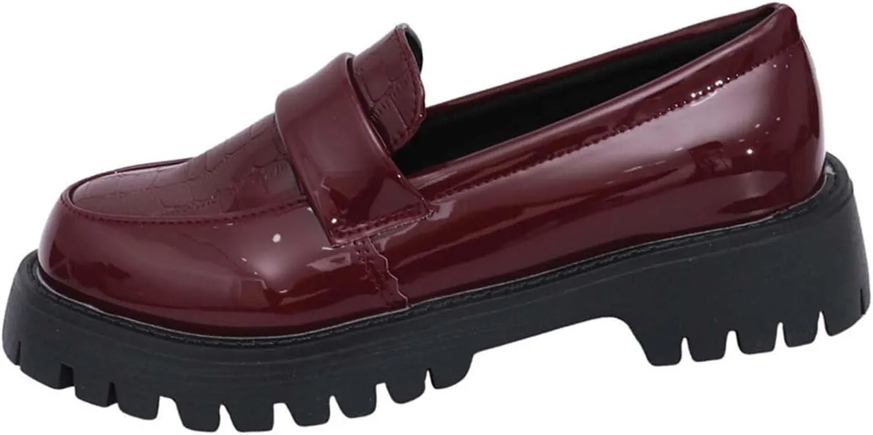 Women's Thick-Soled Leather Shoes Fashion College Style Spring Summer Solid Color Slip On Loafers Shoe Classic (D 164 Wine 8.5 UK Wide)
