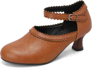 Women's Vintage Wingtip Oxfords Ankle Strap Cut Out Low Heel Brogue for Women