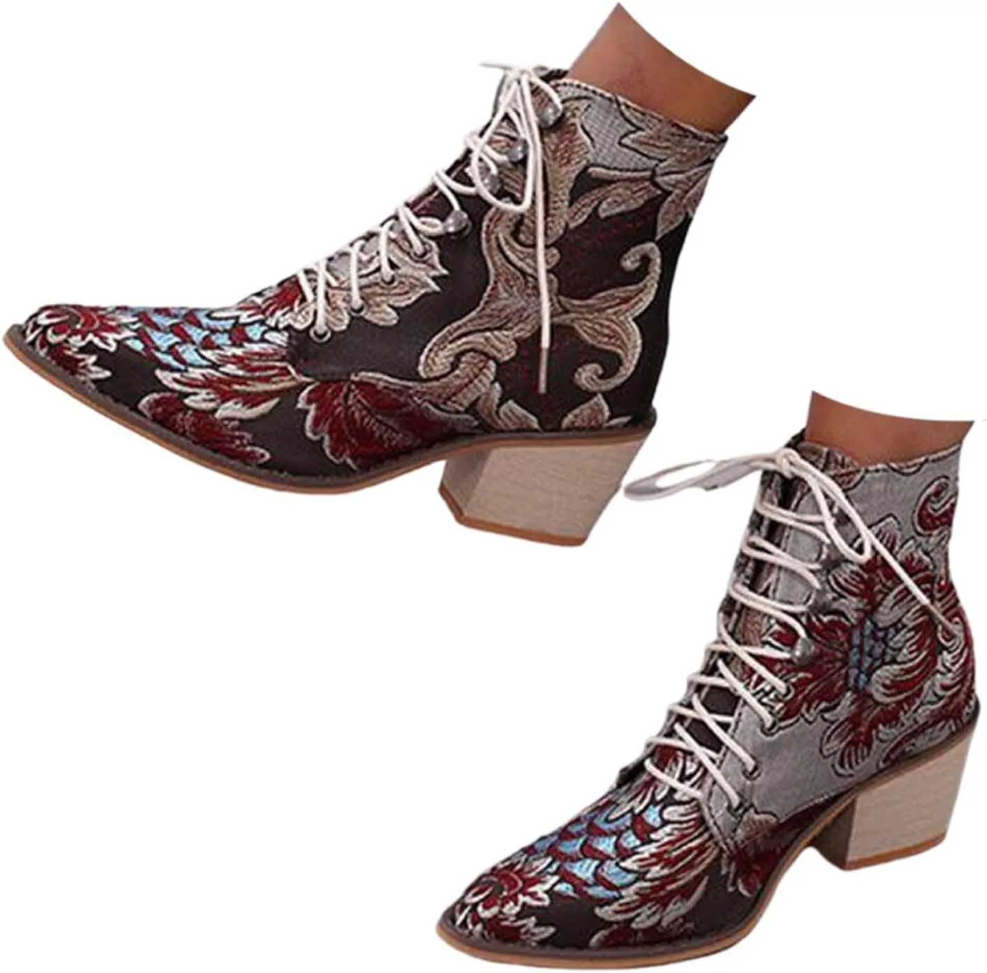 Women's Western Ankle Boots Casual Cowgirl Boots Ankle Bootie Vintage Floral Embroidered Cowboy Boots Ankle Booties