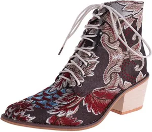 Women's Western Ankle Boots Casual Cowgirl Boots Ankle Bootie Vintage Floral Embroidered Cowboy Boots Ankle Booties