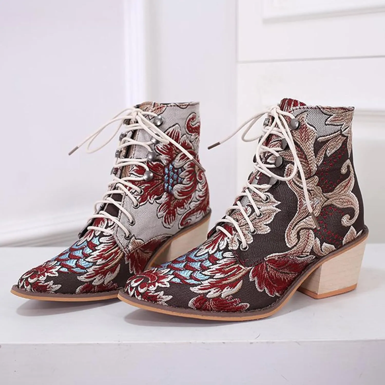 Women's Western Ankle Boots Casual Cowgirl Boots Ankle Bootie Vintage Floral Embroidered Cowboy Boots Ankle Booties