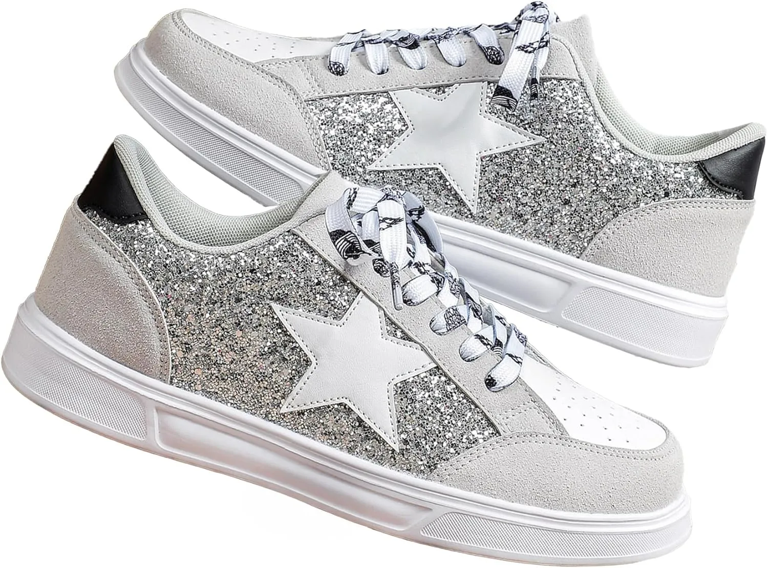 Women's Y2K Star Glitter Chunky Skate Shoes Retro Platform Sneakers, Shiny Outdoor Casual Shoes for Streetwear (Grey,6)